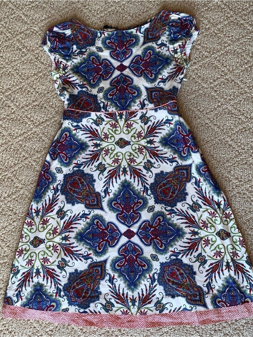Oscar de la Renta White Dress with Blue, Red and Green Paisley Mosaic size 12